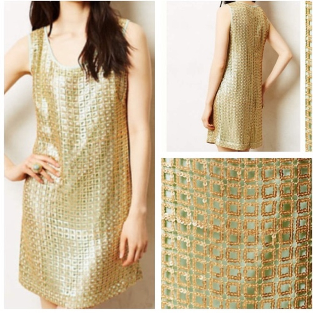 Anthropologie Shift Dress Gold Sequin Overlay sz4
